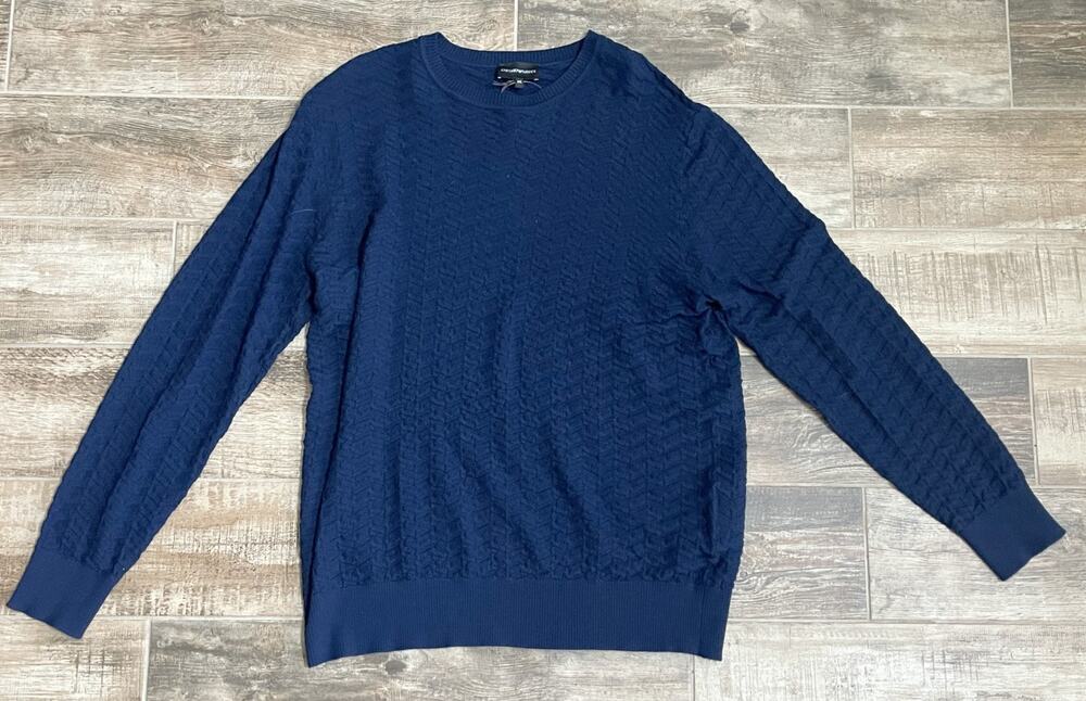 $595 NWT Emporio Armani Navy Textured 100% Wool Crewneck Sweater 2XL/56
